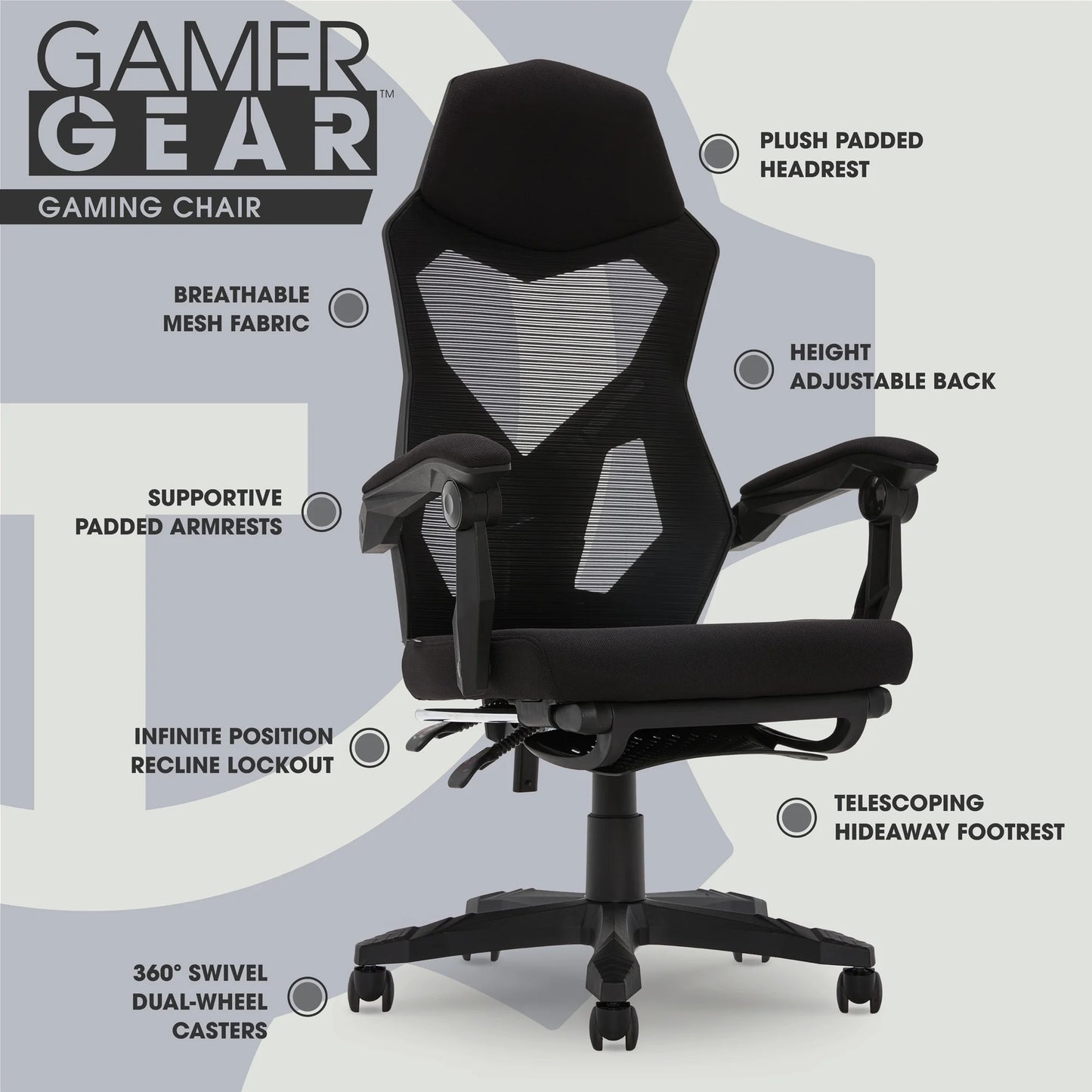 Gamer Gear Gaming Office Chair with Extendable Leg Rest - Black Fabric Upholstery