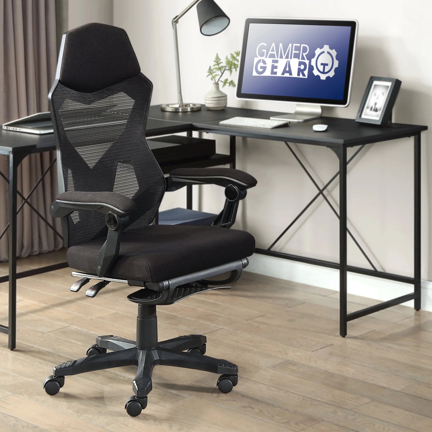 Gamer Gear Gaming Office Chair with Extendable Leg Rest - Black Fabric Upholstery
