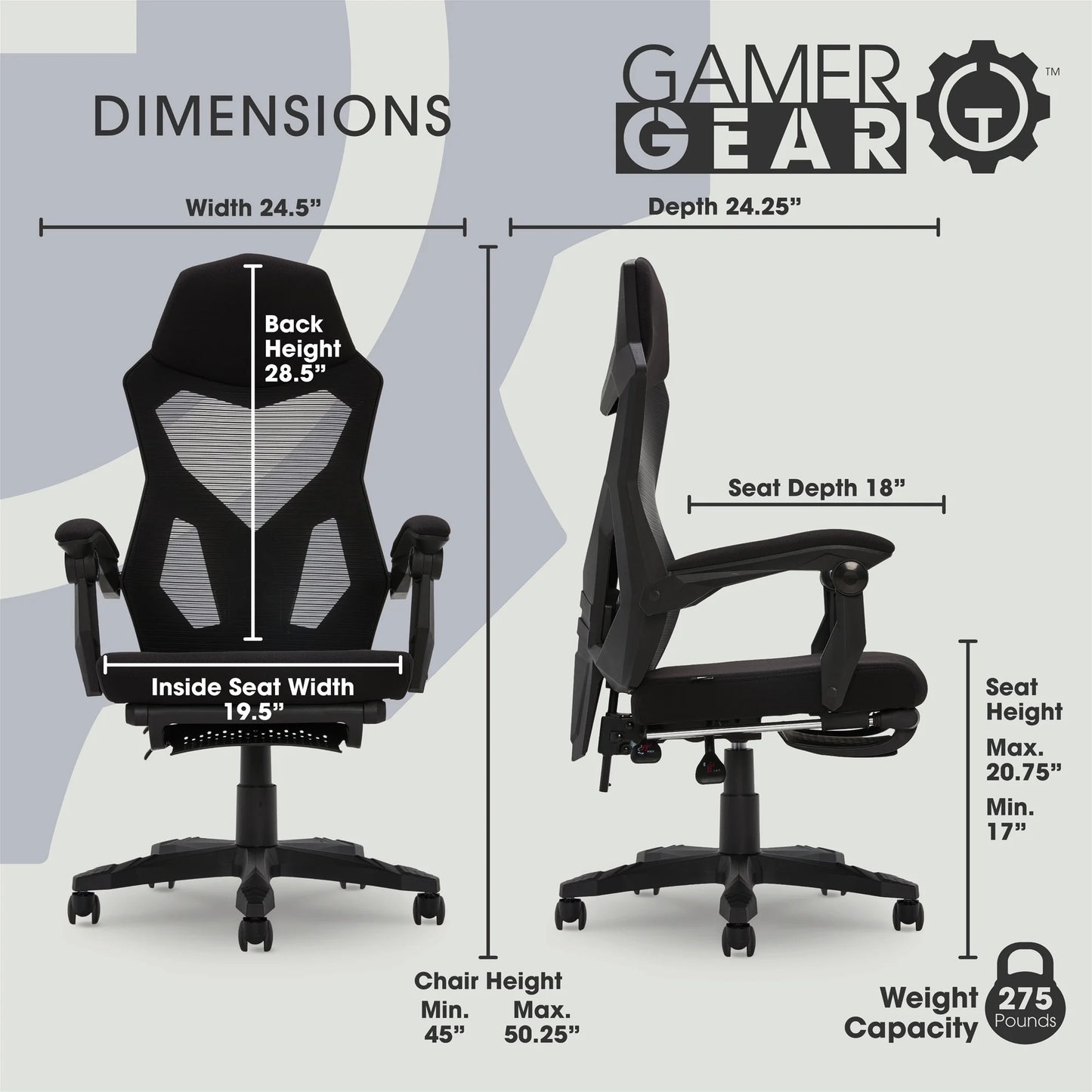 Gamer Gear Gaming Office Chair with Extendable Leg Rest - Black Fabric Upholstery